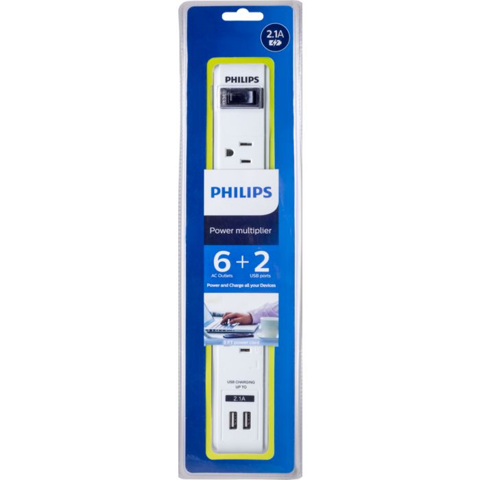 Comporte six prises secteur et deux ports USB