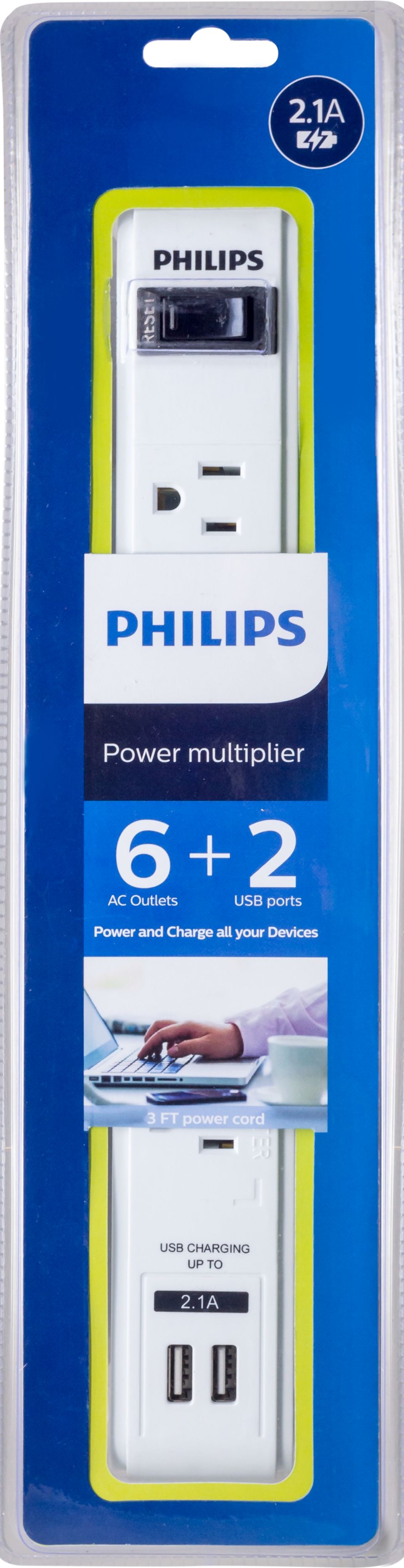 Features six AC outlets and two USB ports