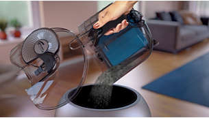 Contenitore della polvere progettato per uno svuotamento igienico con una sola mano