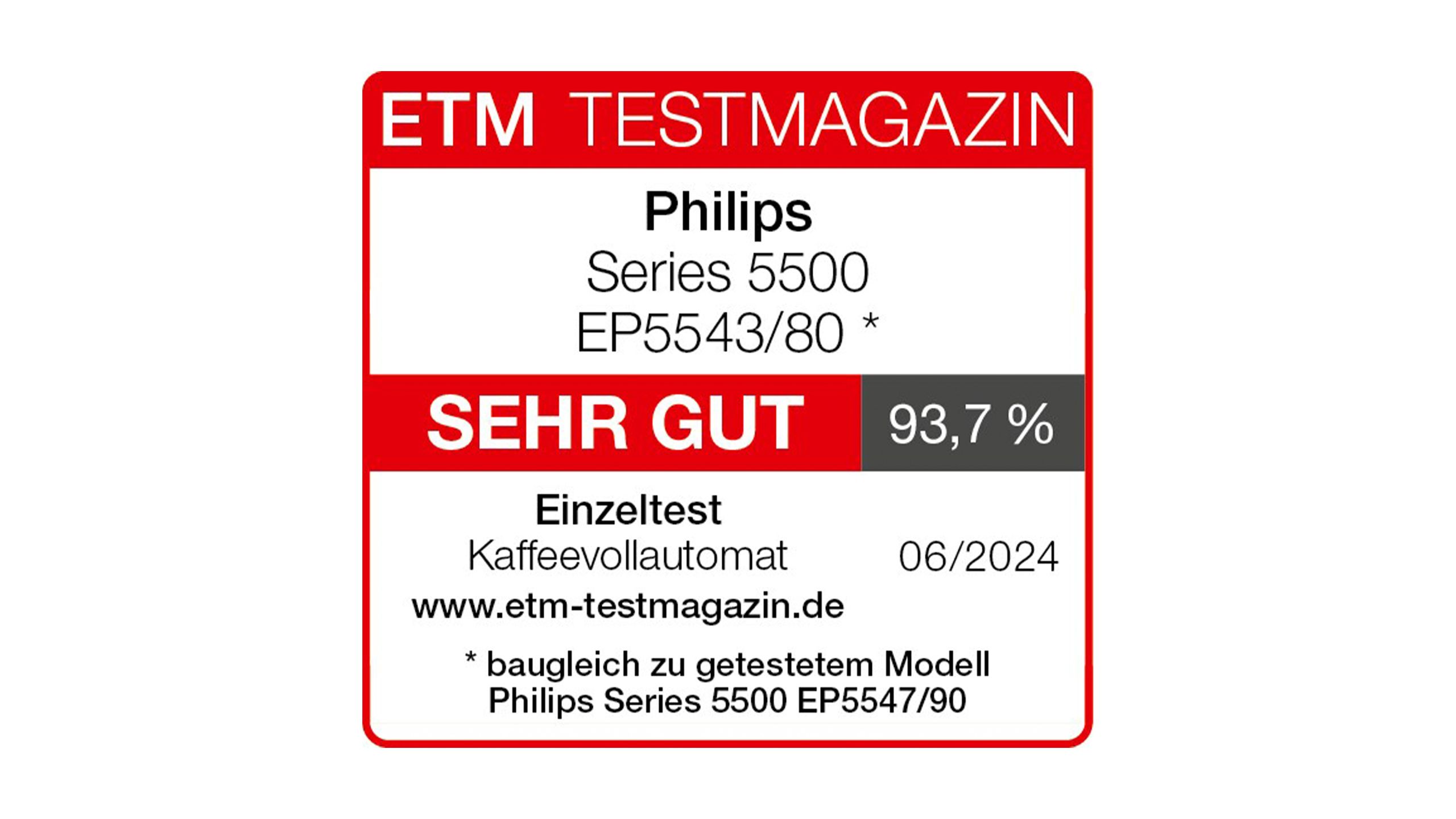 ETM Testmagazin award for Series 5500 EP5543/80 rated very good