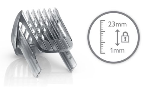 Indeholder en skægkam til 12 justerbare længder: 1 til 23 mm