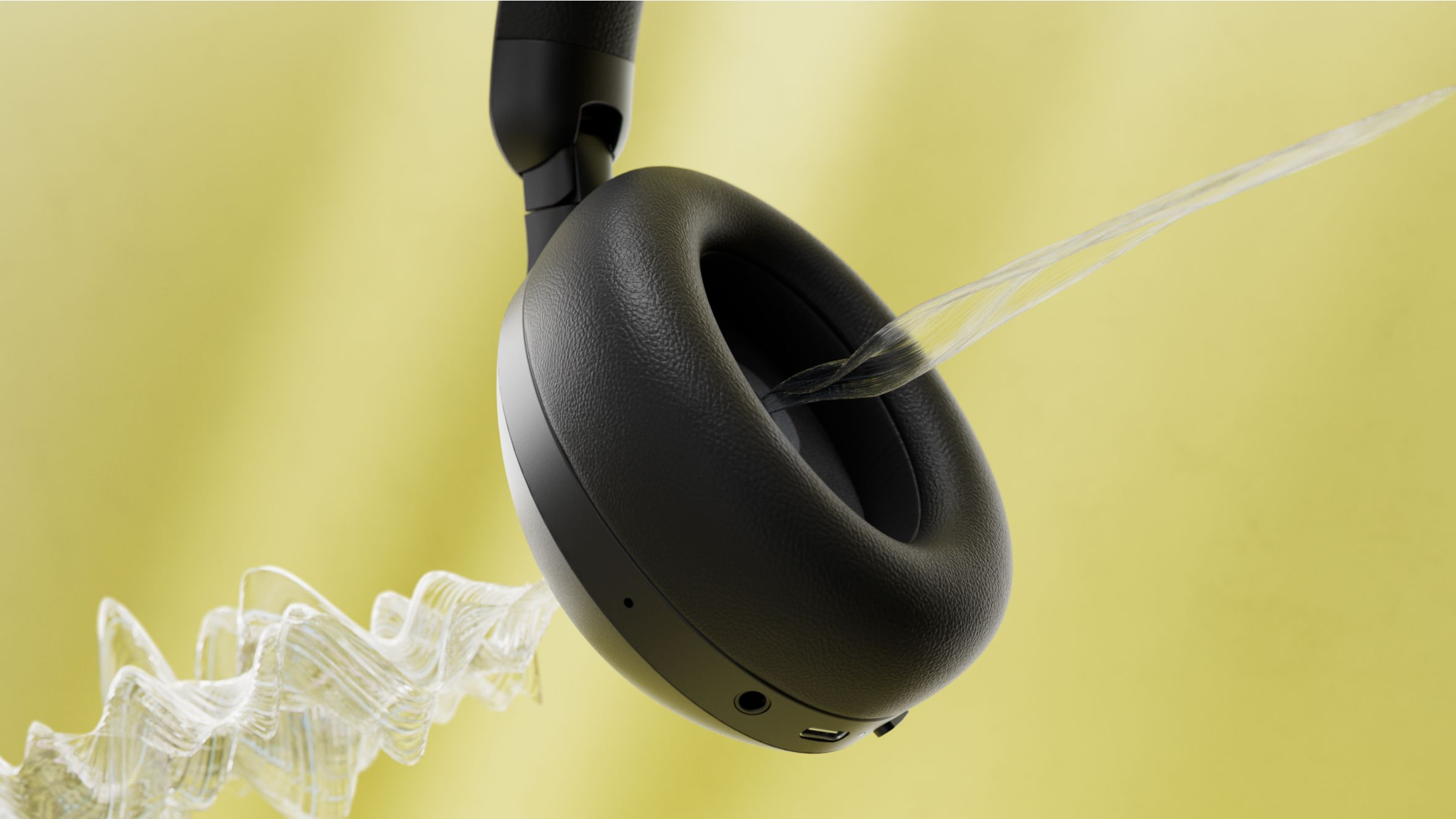 Noise cancelling headphones with sound waves background.