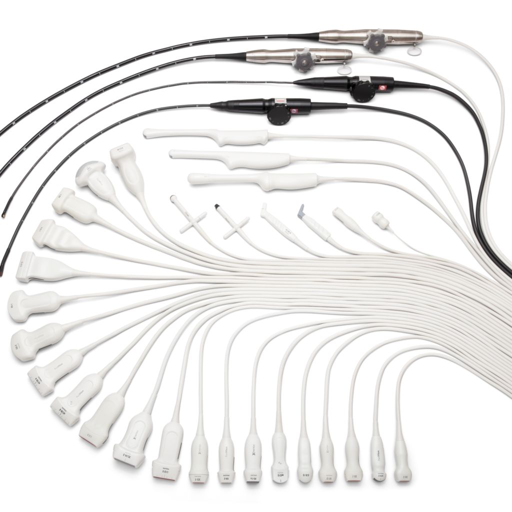 Photo of a range of different types of ultrasound transducers.