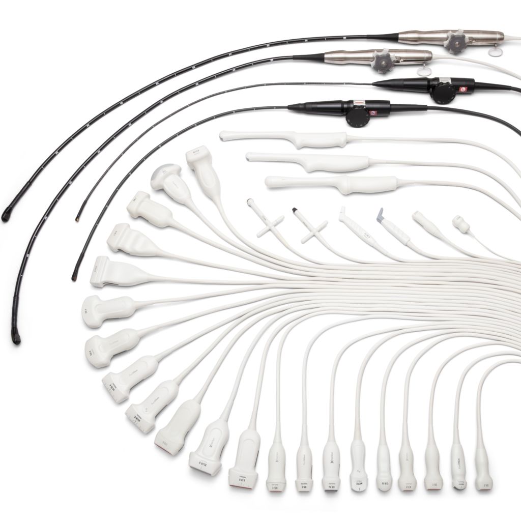 Photo of a range of different types of ultrasound transducers.