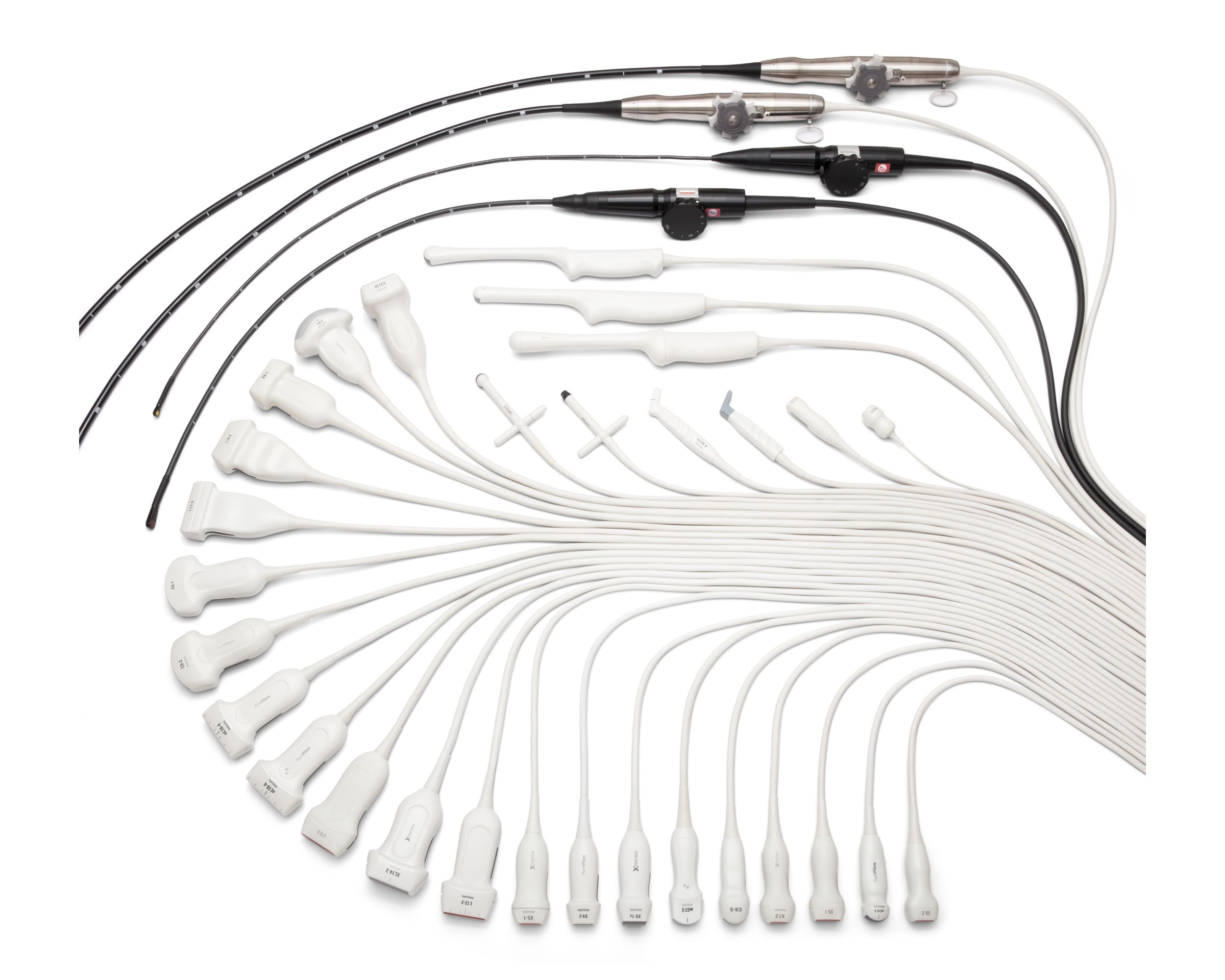 Photo of a range of different types of ultrasound transducers.