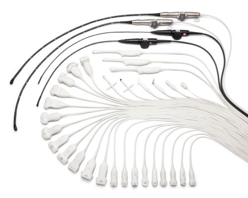 Photo of a range of different types of ultrasound transducers.