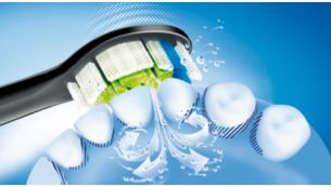 Dynamický čistící účinek zubního kartáčku Philips Sonicare způsobuje proudění tekutiny do mezizubních prostor