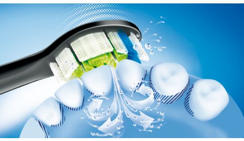 De dynamische vloeistofwerking van Sonicare stuwt vloeistof tussen de tanden
