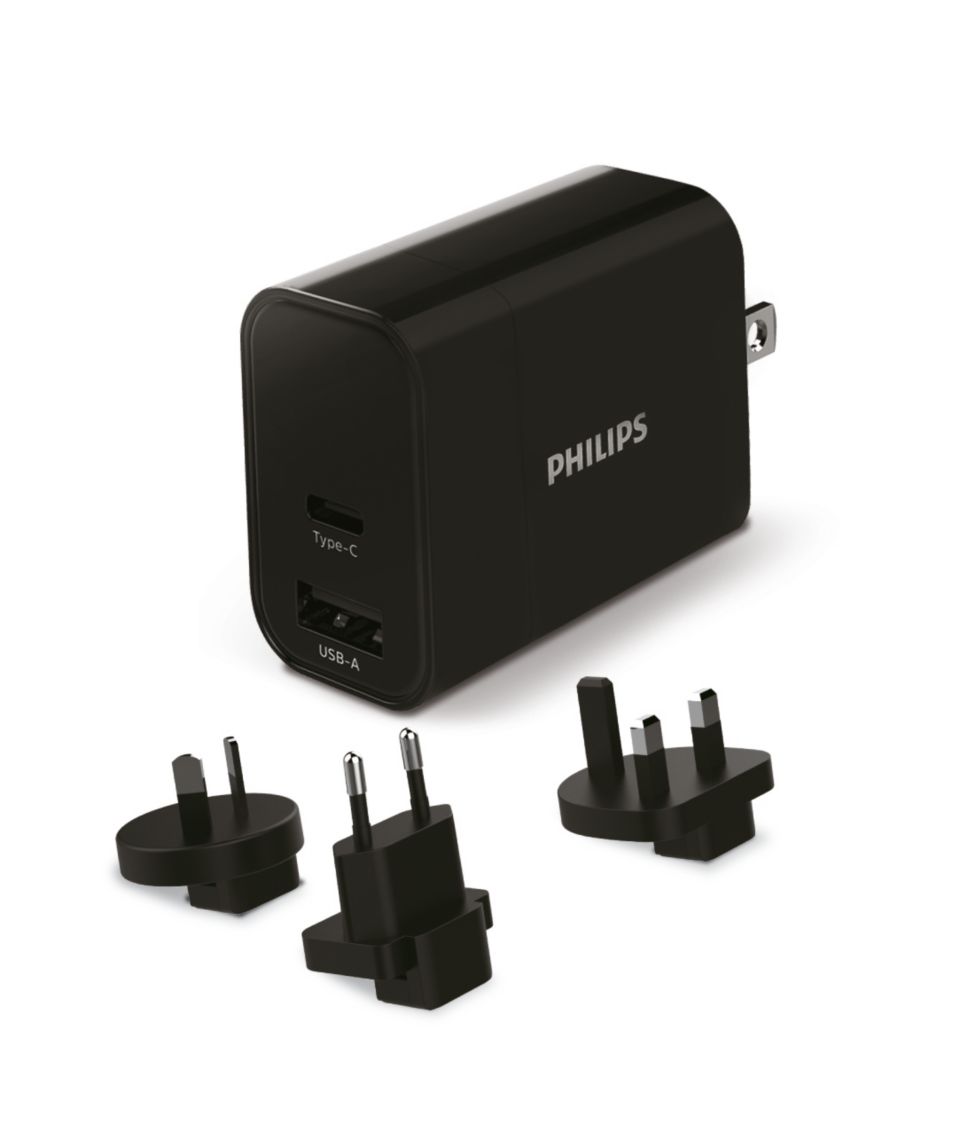 Travel wall charger with Type C and USB-A ports