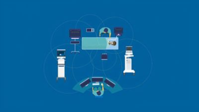 Illustration of connected healthcare devices and clinicians creating a smart healing environment in a hospital setting
