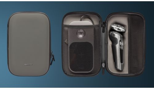 De luxe etui beschermt uw scheerapparaat, accessoires en Qi-oplaadpad