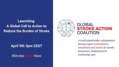 Graphic announcing launch of Global Stroke Action Coalition call to reduce stroke burden on April 9 at 3 pm CEST with hashtag StrokeActionNow