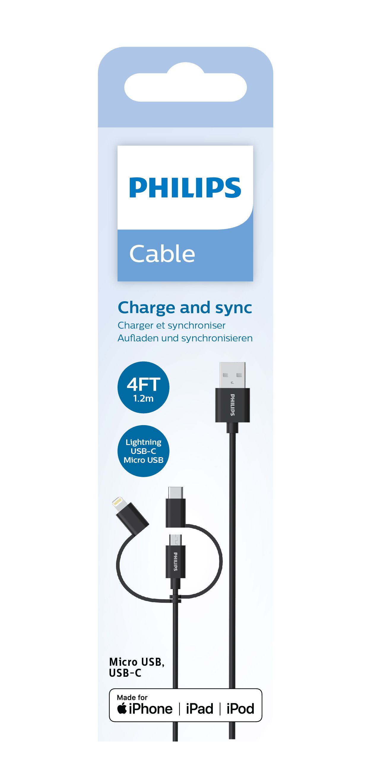 Кабель 3 в 1: Lghtning, USB-C, Micro USB DLC3104T/00 | Philips