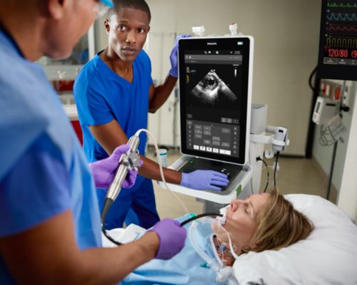 Clinician performing TEE exam in emergency medicine scenario.