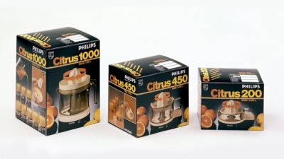 Verpackungen historischer Philips Zitruspressen aus der Citrus-Serie