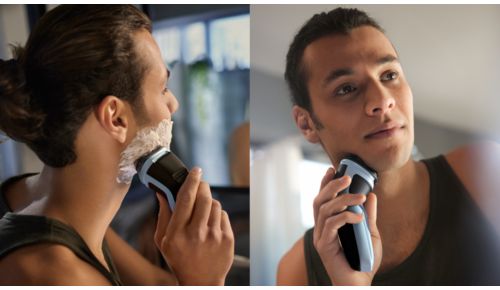 Wet and dry shaving at the sink or in the shower