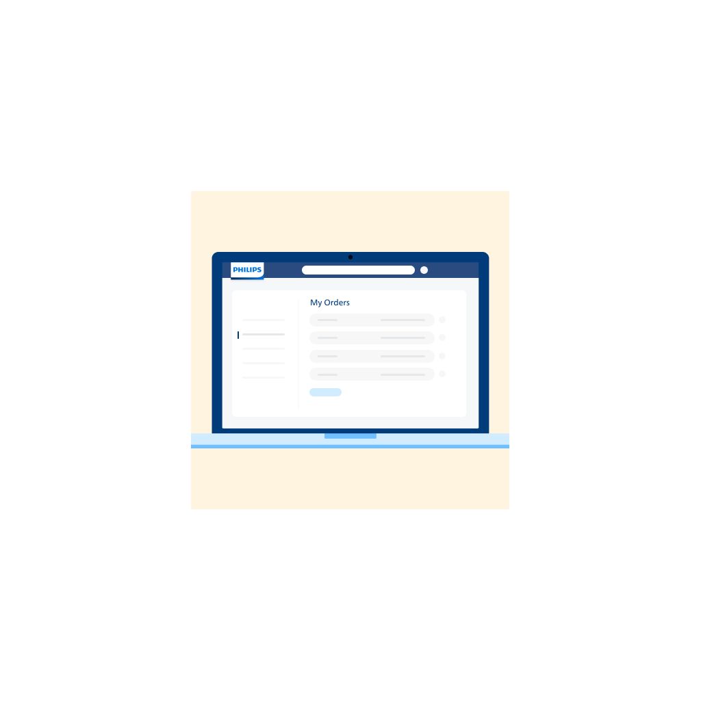 Illustration of a Philips "My Orders" screen on a laptop interface