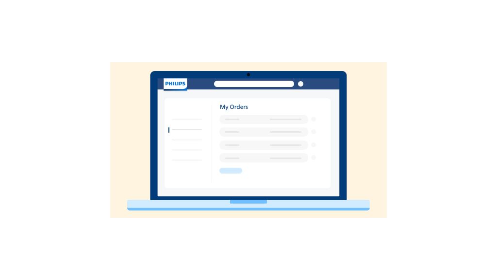Illustration of a Philips "My Orders" screen on a laptop interface