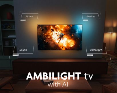 Philips Ambilight AI TV shows astronaut in vivid space explosion