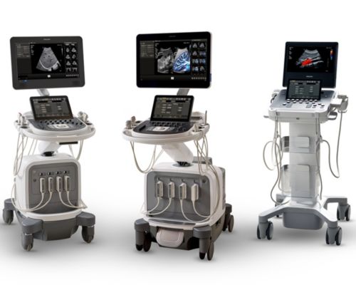 Three Philips ultrasound machines stand together