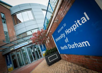 Exterior view of University Hospital of North Durham main entrance