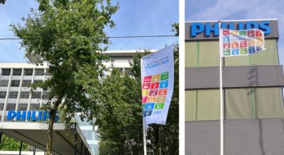 SDG-vlag bij Philips-kantoren in Best en Eindhoven