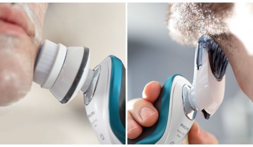 Aufsetzbarer Styler und Gesichtsreinigungsbürste zum Trimmen und für die Gesichtsreinigung