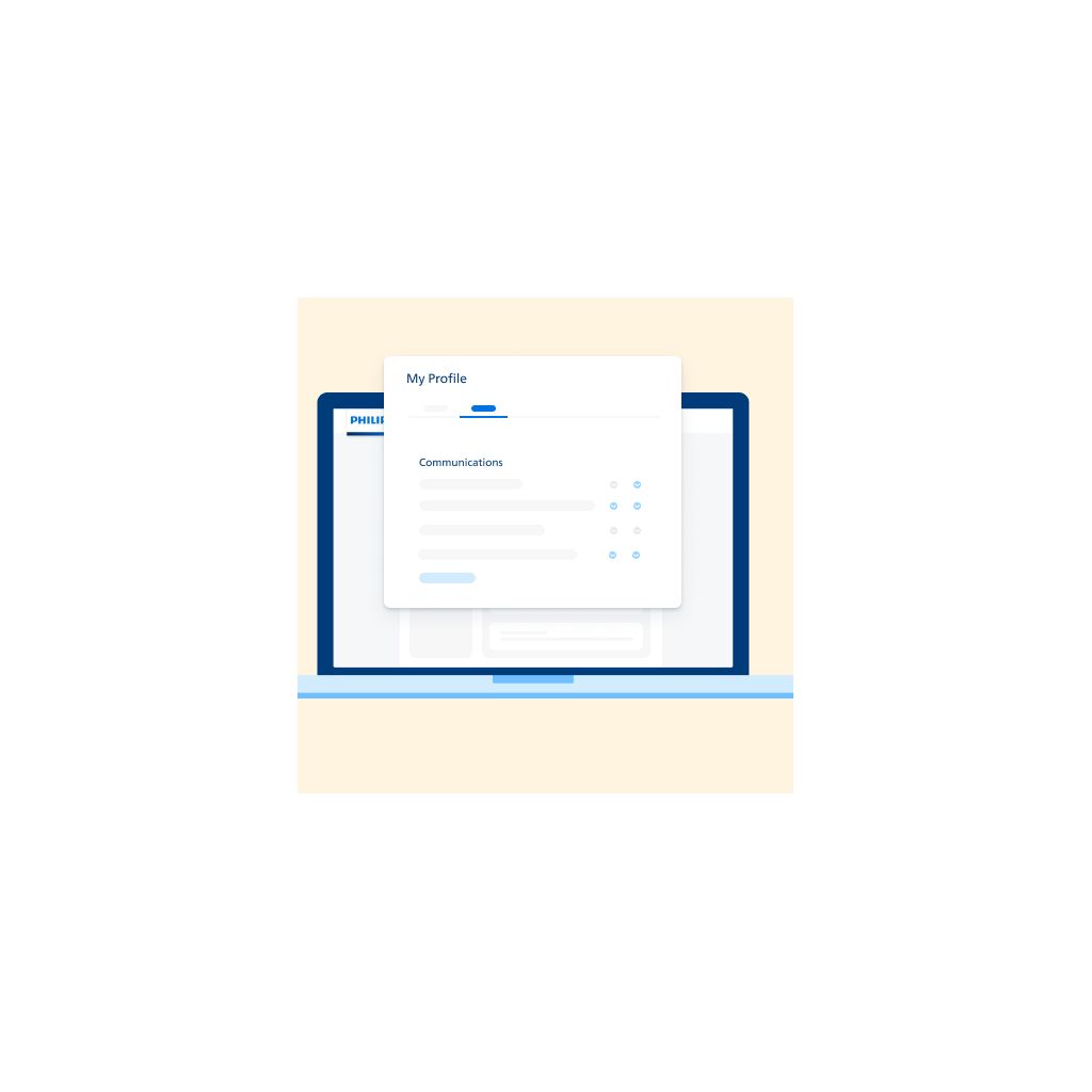 Illustration of "My Profile" page from My Philips for Professionals Community on a laptop, displaying different options for setting Communication preferences