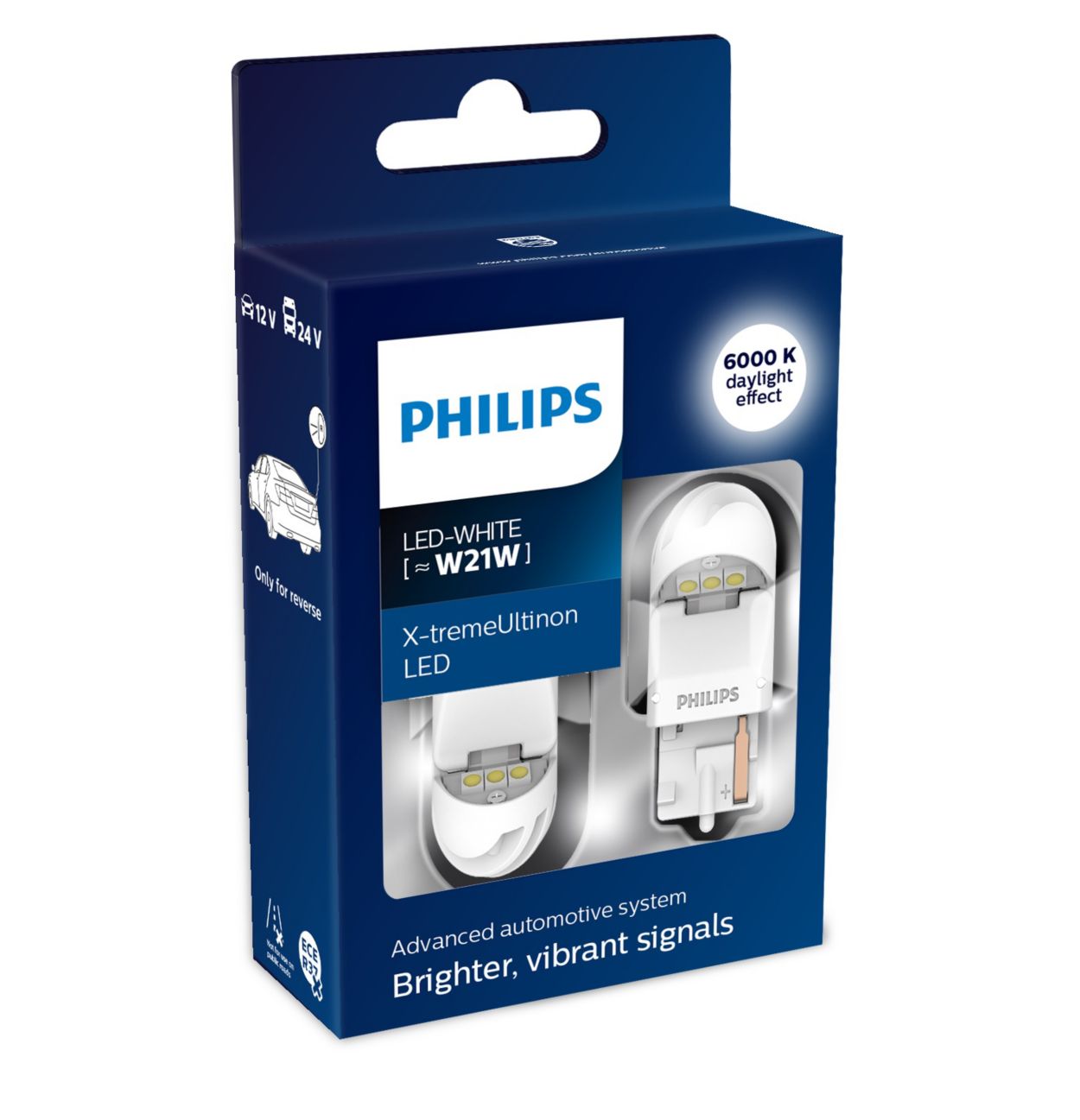 Pair Lamps W21W (=T20) Philips X-treme Ultinon LED Light Reverse