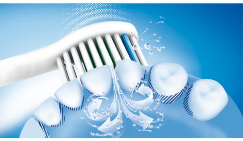 Grâce au mouvement de nettoyage dynamique, les fluides sont projetés entre les dents