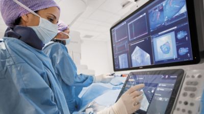 Clinician using Philips Azurion system during image-guided heart procedure

