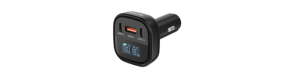 車用充電器搭配 USB-A 和 USB-C 連接埠