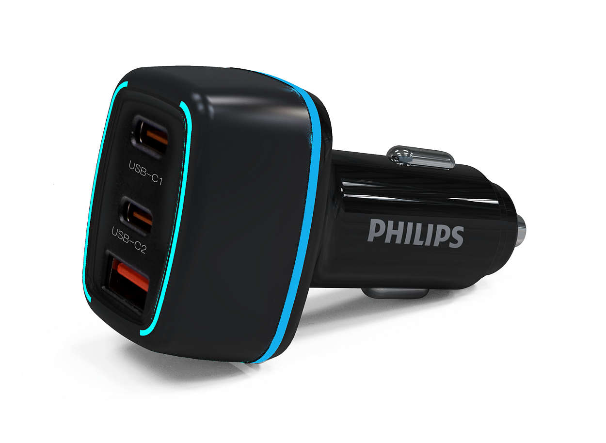 Car charger with USB-A and C ports