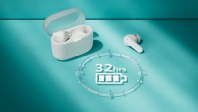 Up to 32 hours of play time. Pocket-sized charging case