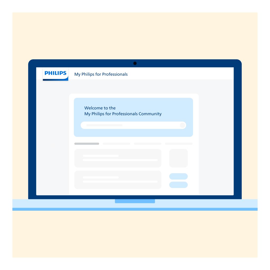 Illustration of a Philips "Welcome to My Philips for Professional Community" home page on a laptop, displaying articles