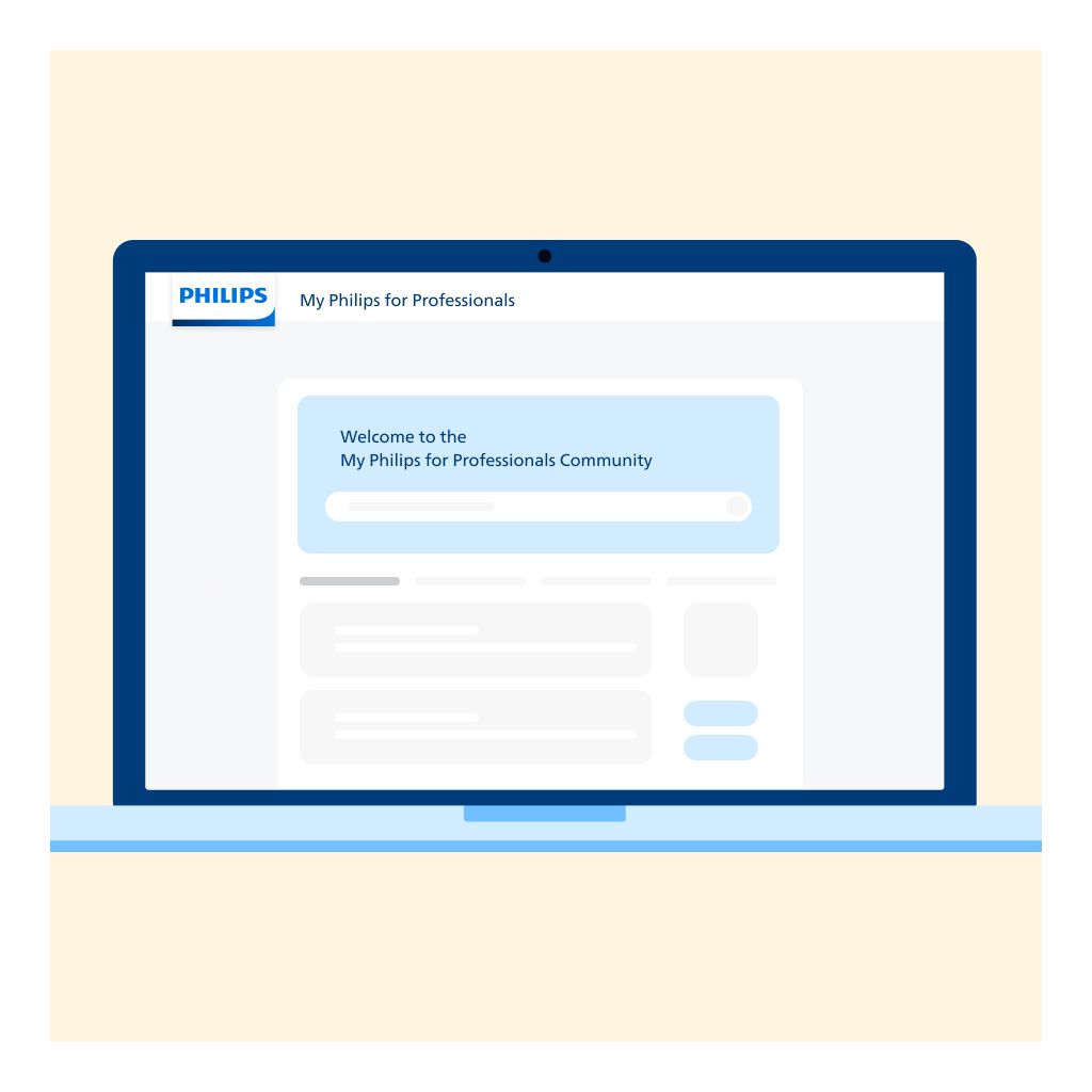 Illustration of a Philips "Welcome to My Philips for Professional Community" home page on a laptop, displaying articles. 