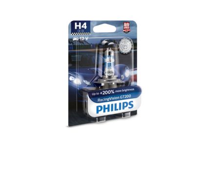 Philips RacingVision GT200 H4 +200% Brighter Light 12V 60/55W Auto Halogen  Headlight High Low Beam Lamps ECE 12342RGTS2, Pair