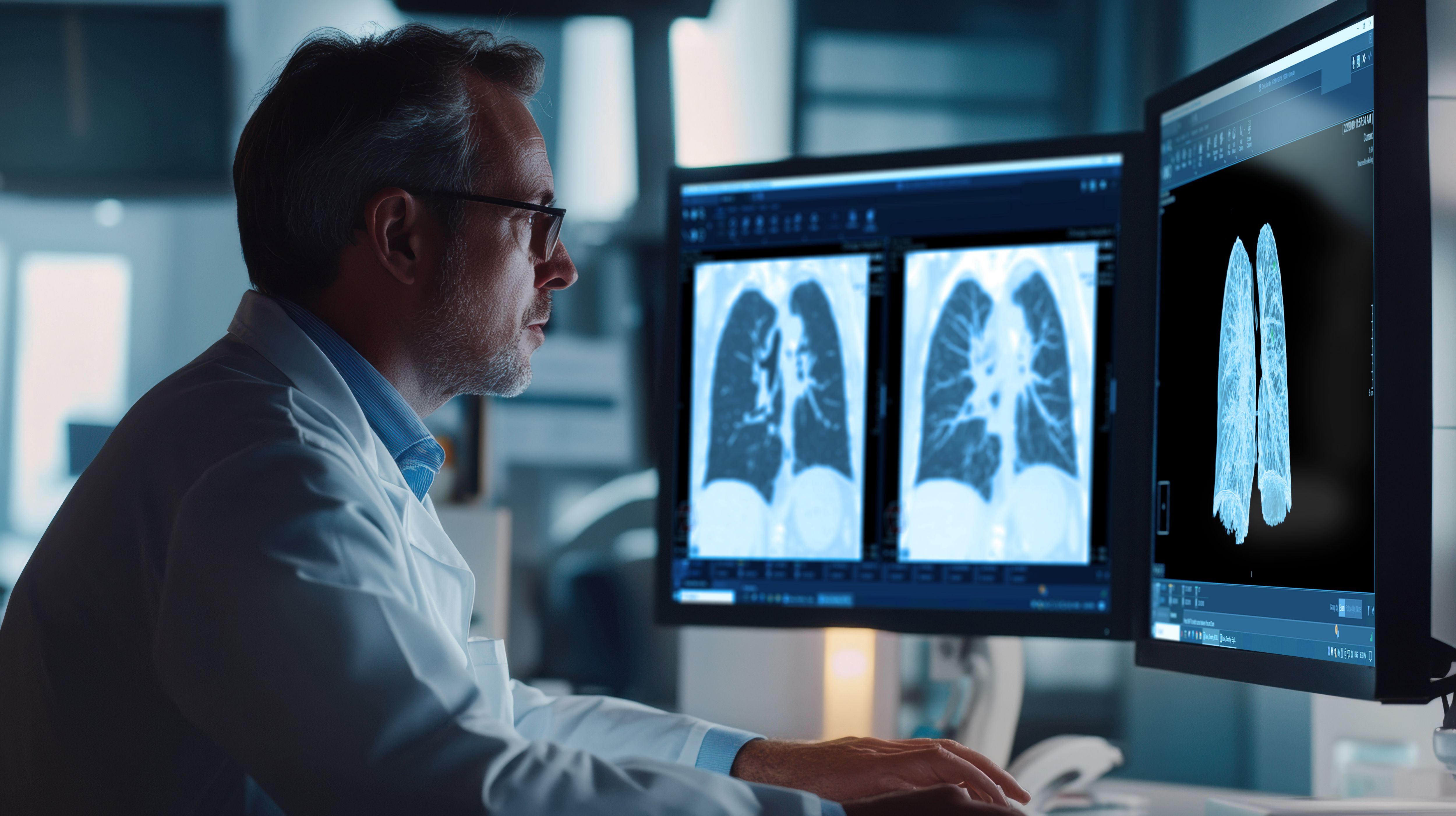 Un radiologiste regarde un écran affichant un rendu volumique