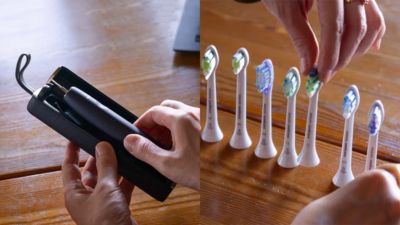 ソニッケアートラベルケースとテーブル上の複数のブラシヘッド