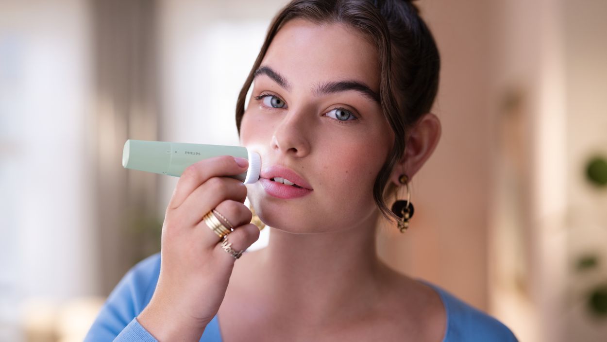 Philips Beauty Cordless Facial Hair Remover designed for women to gently  remove hairs on the upper lip, chin, cheeks and jawline. A gentle  experience