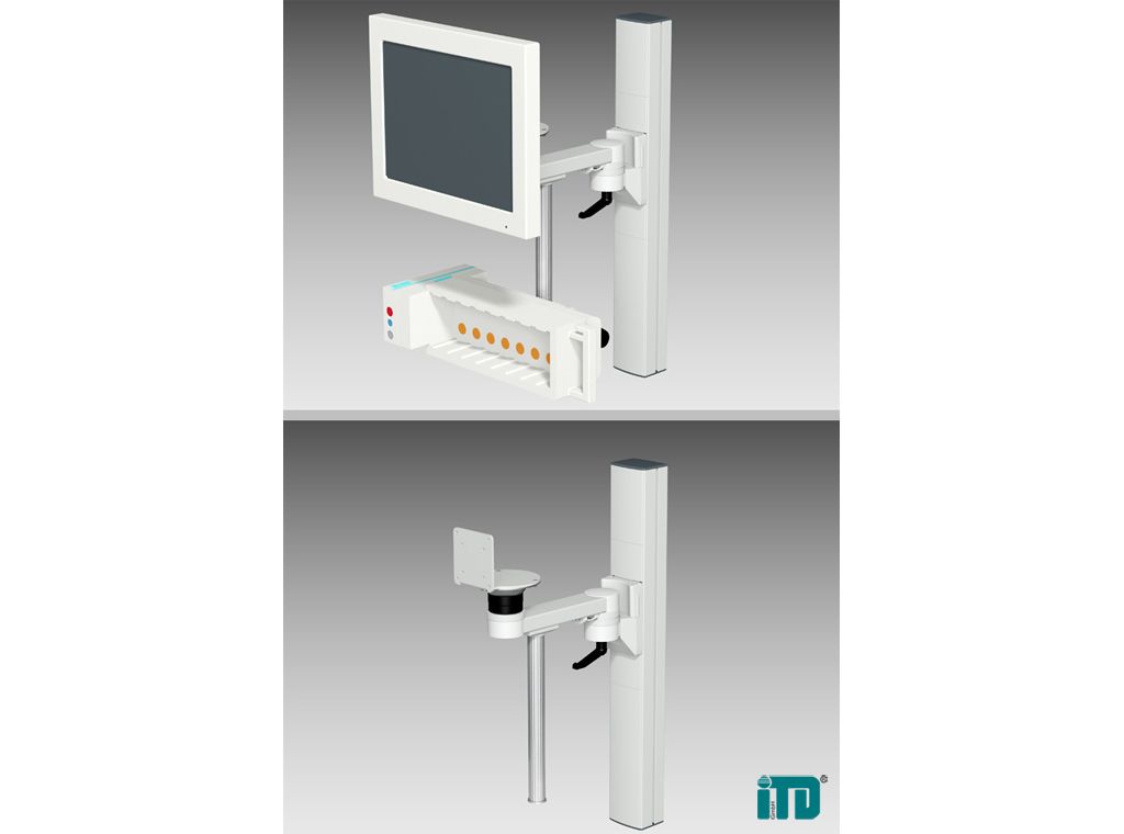 Single support arm for ITD support extrusion including post support for external rack and bracket fo