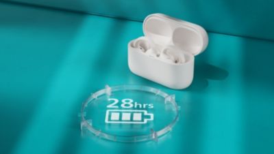 Up to 28 hours of play time. Slimline charging case