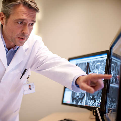 Male doctor checking patient scans