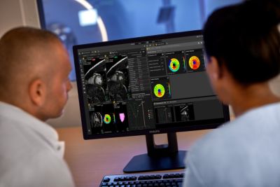 Clinicians reviewing cardiac MRI data on Philips Advanced Visualization Workspace
