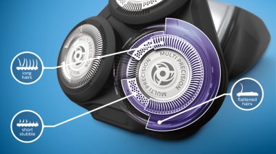 Blades raise then cut long and short hairs for a fast shave
