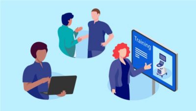 Illustration showing healthcare professionals in various learning processes, looking at a laptop, conversing with each other, leading an educational event.