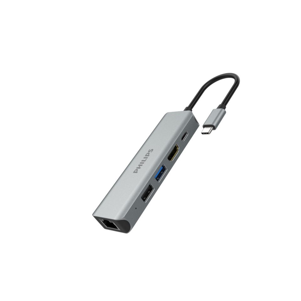 双 USB-C 插座集线器扩展到 5 端口迷你集线器。