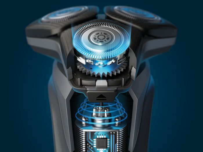 איור של פיליפס המדגים את חיישן SkinIQ שמזהה את צפיפות השיער ומתאים את עוצמת המנוע