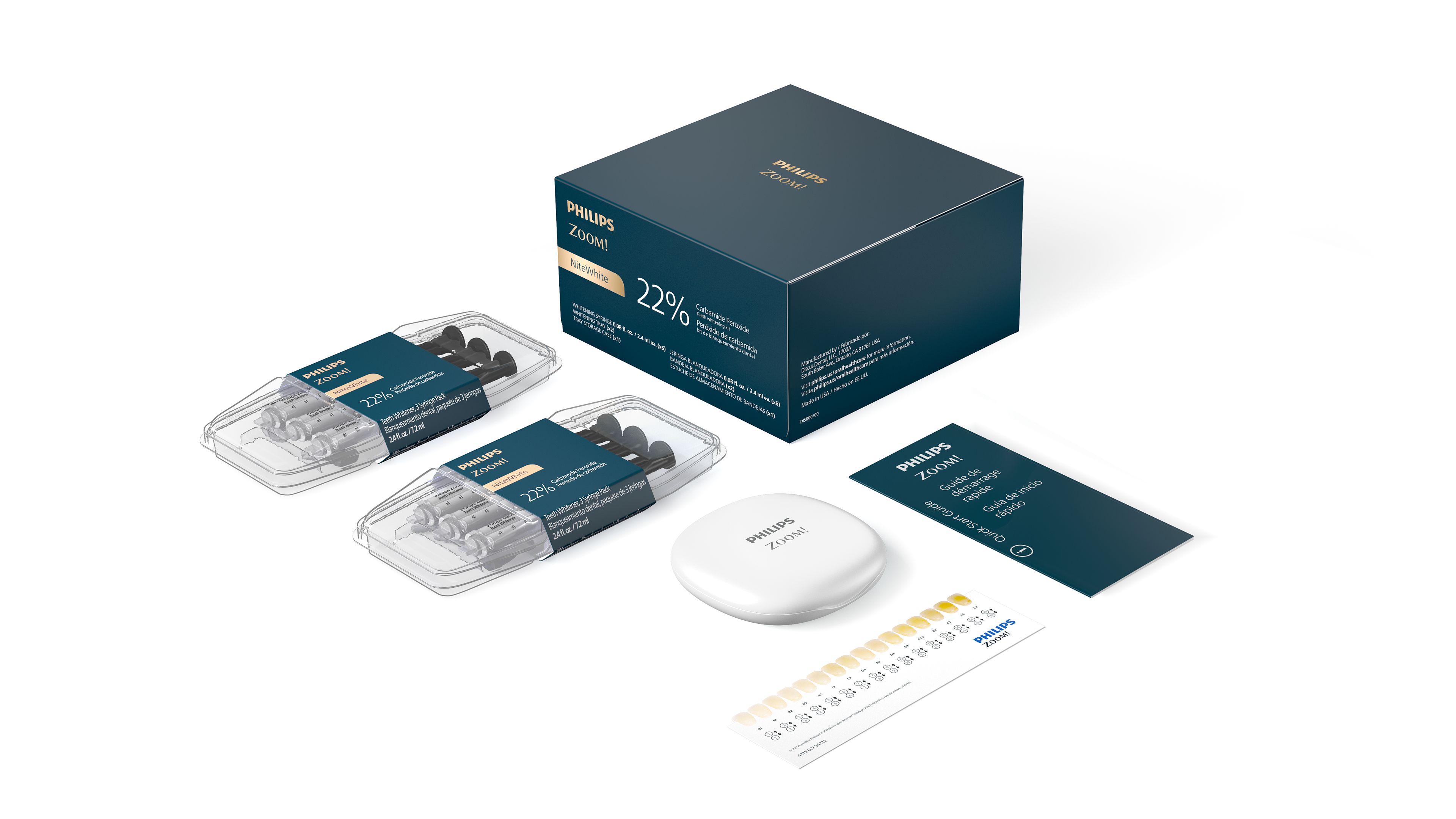 Items from a Philips Zoom! Delivered kit artfully arranged.