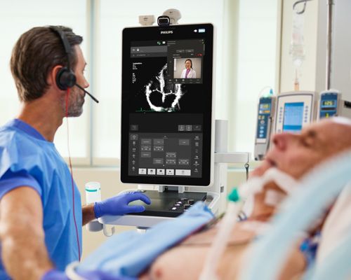 Critical care clinician utilizing tele-ultrasound solutions, Collaboration Live. 